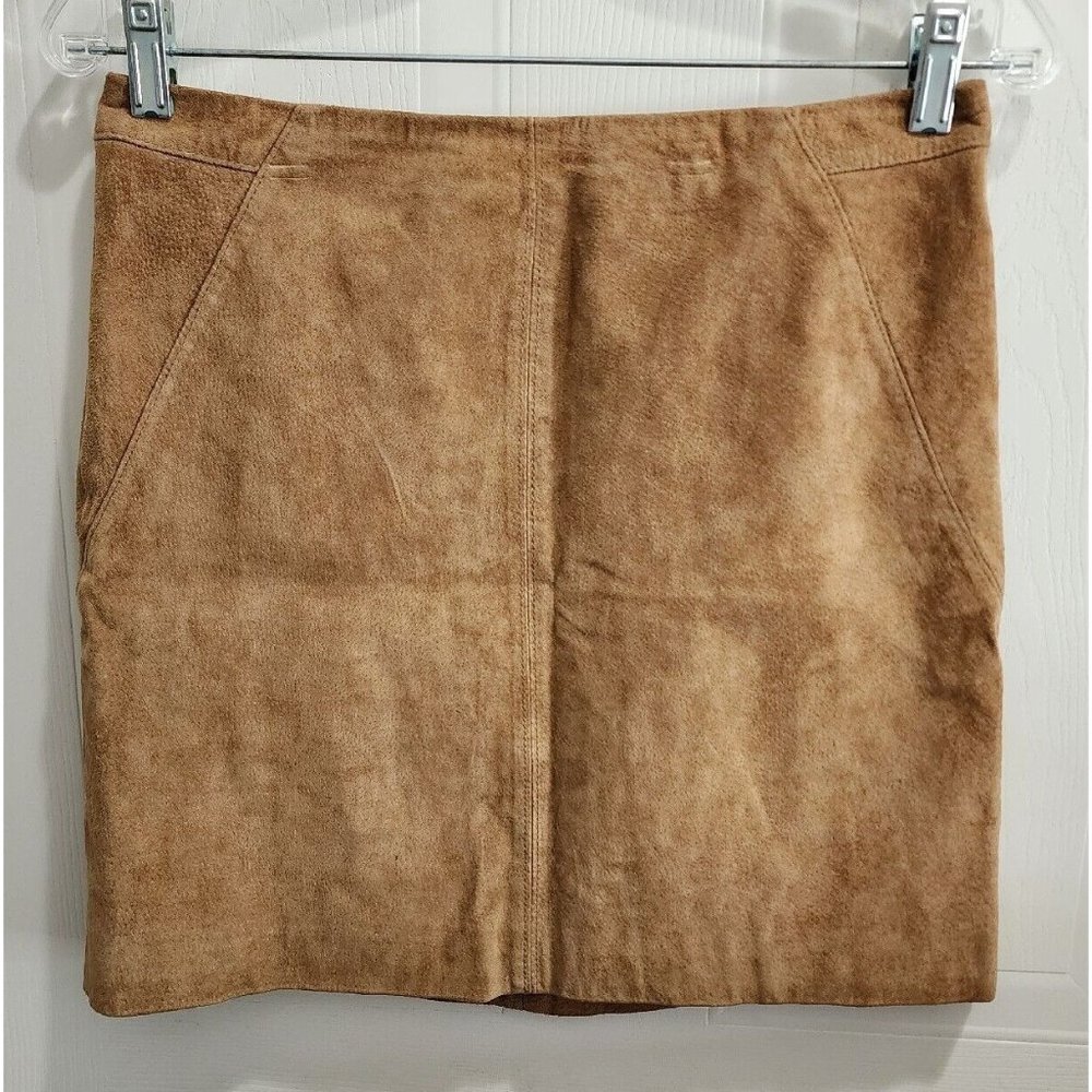 NWOT Camaieu Women's Mini Skirt 100% Split Leather Camel Tan Size EU 36/US Small
